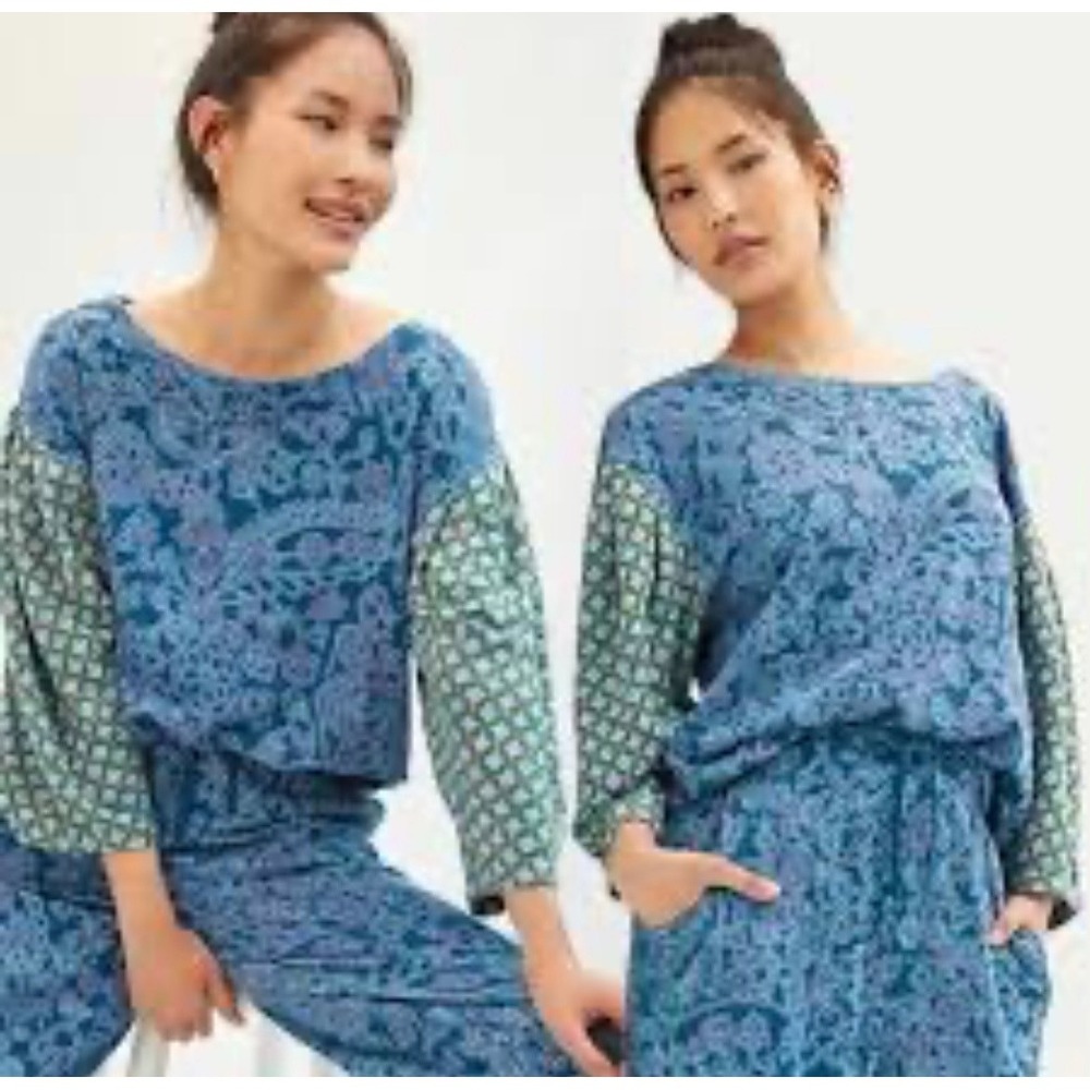 Daily Practice by Anthropologie‎ Knit Top Abstract Puff Sleeve Sz S Relaxed Boho
